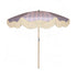 Lilac striped parasol with natural cotton fringing, featuring an authentic wooden frame and adjustable positioning, perfect for gardens, patios, and outdoor events.
