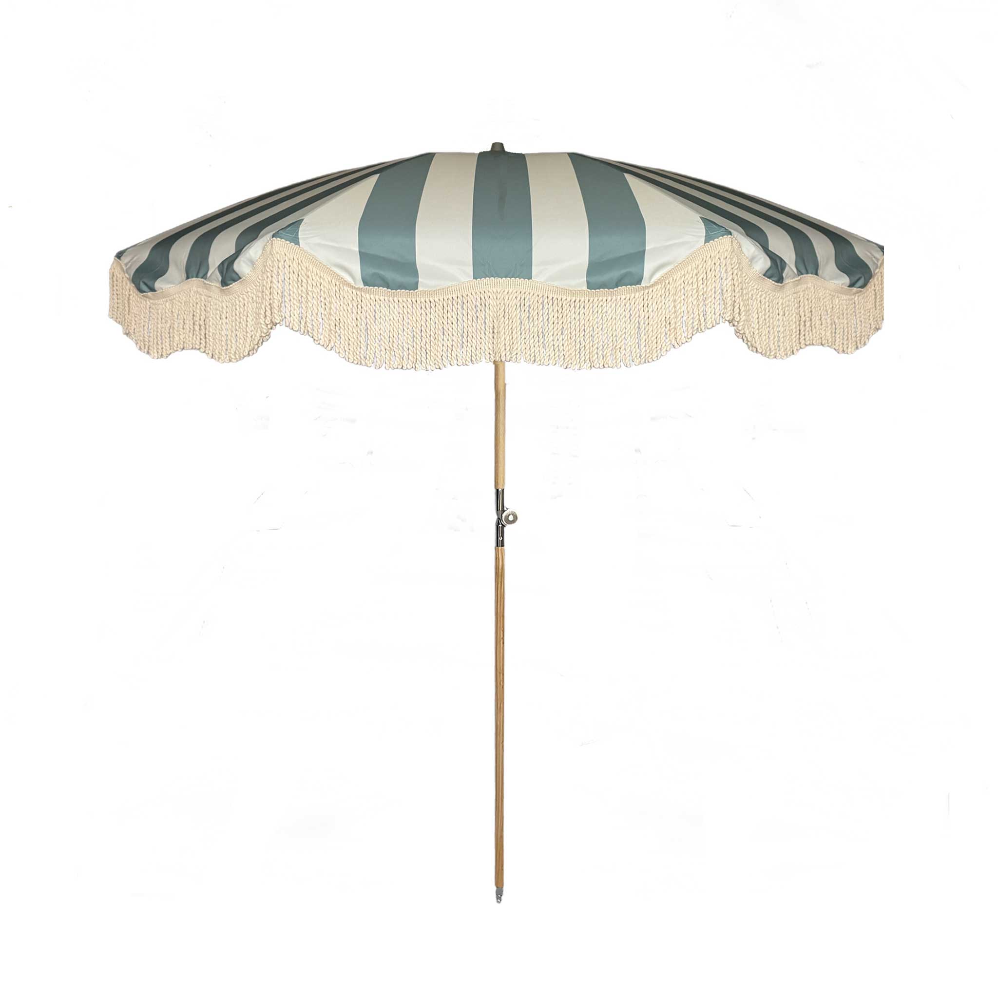 Pastel blue and cream striped parasol with natural cotton fringing, featuring an authentic wooden frame, adjustable positioning, and a collapsible design, perfect for gardens and patios