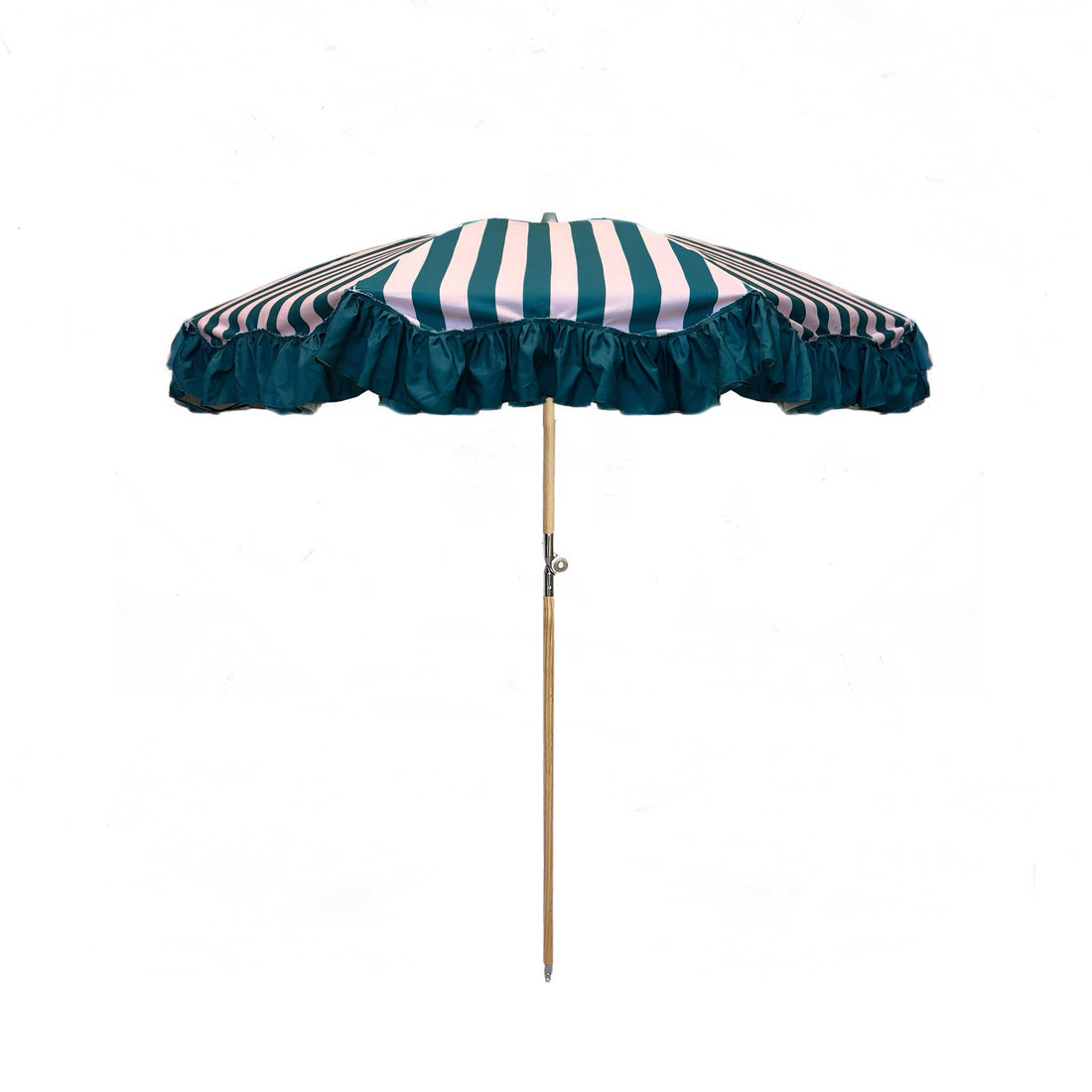 Polly parasol with pink and green stripes, dreamy ruffle edging, wooden frame, adjustable positioning, collapsible design, and matching canvas carry bag.