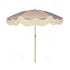 The Gigi luxury pink and camel striped parasol with natural cotton fringing, wooden frame pole, adjustable positioning, collapsible design, and matching carry bag.