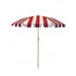 Agnes parasol with nude pink and red stripes, scallop edging, pastel pink trim, wooden frame, adjustable positioning, collapsible design, and matching canvas carry bag.