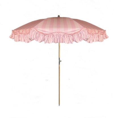 Poppy pink striped parasol with ruffled edging and beech wood frame