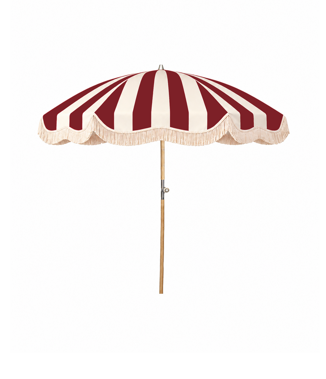 The Walter deep red and cream striped scalloped garden parasol with cream fringe by Boho Parasol Hut