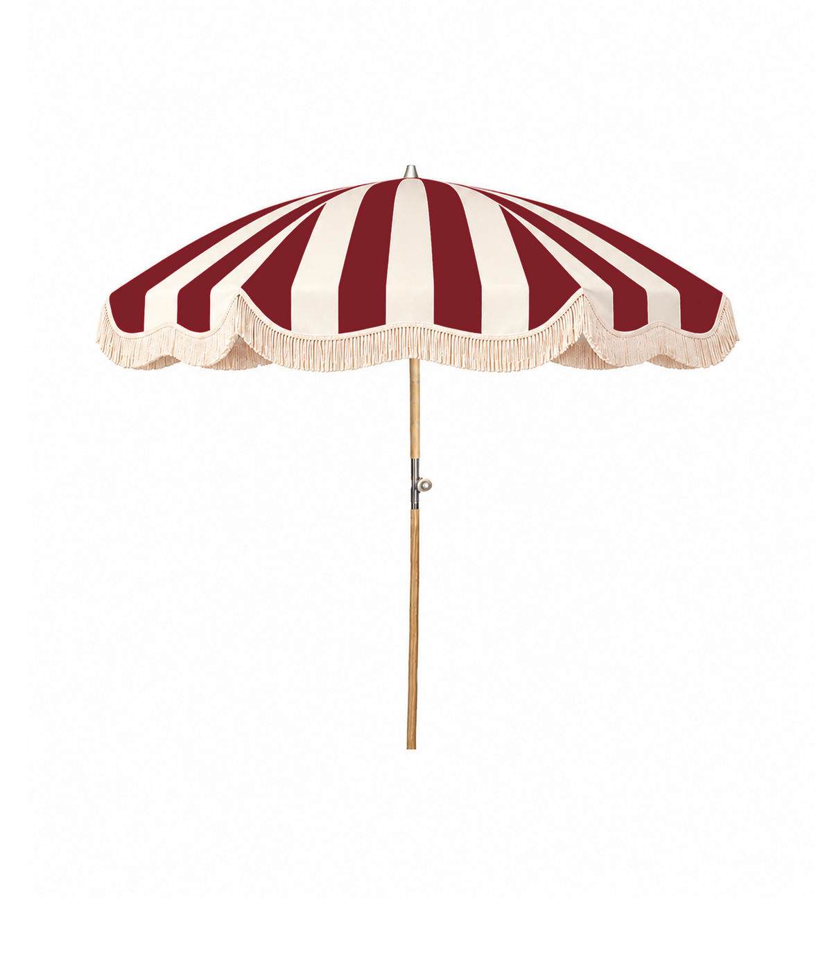 The Walter deep red and cream striped scalloped garden parasol with cream fringe by Boho Parasol Hut