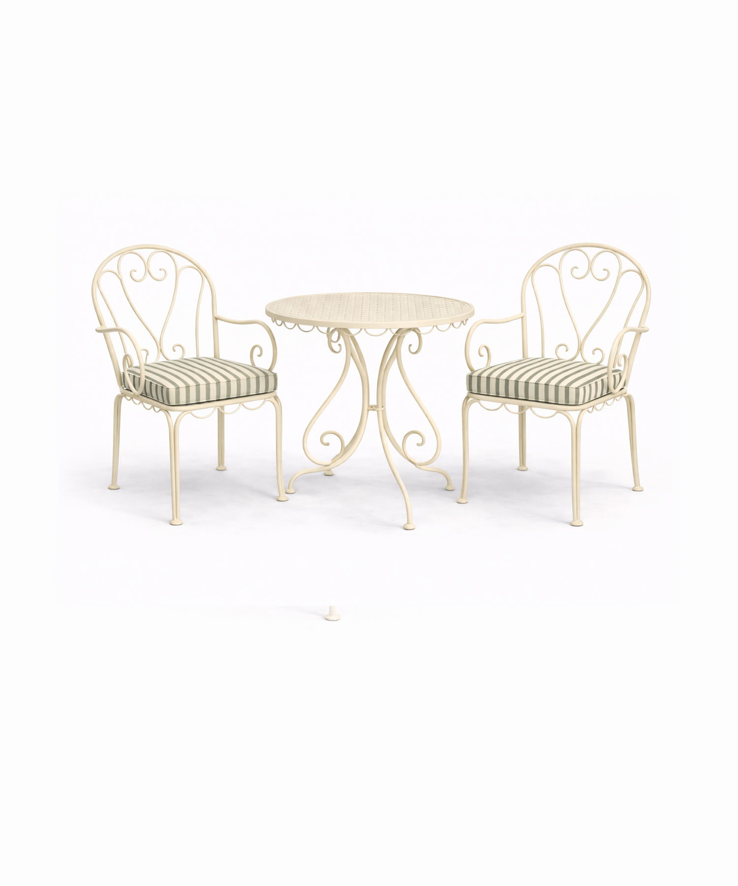 Green striped outdoor seat cushion on cream metal garden chair