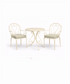Green striped outdoor seat cushion on cream metal garden chair