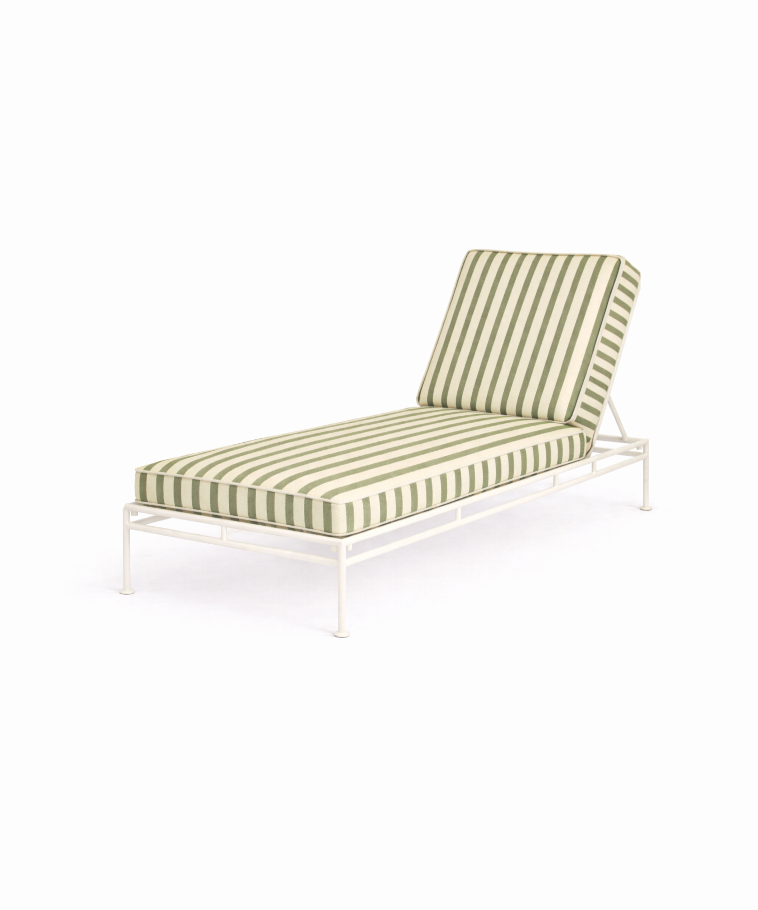Ochre striped sun lounger cushion on cream metal frame, made to order in the UK