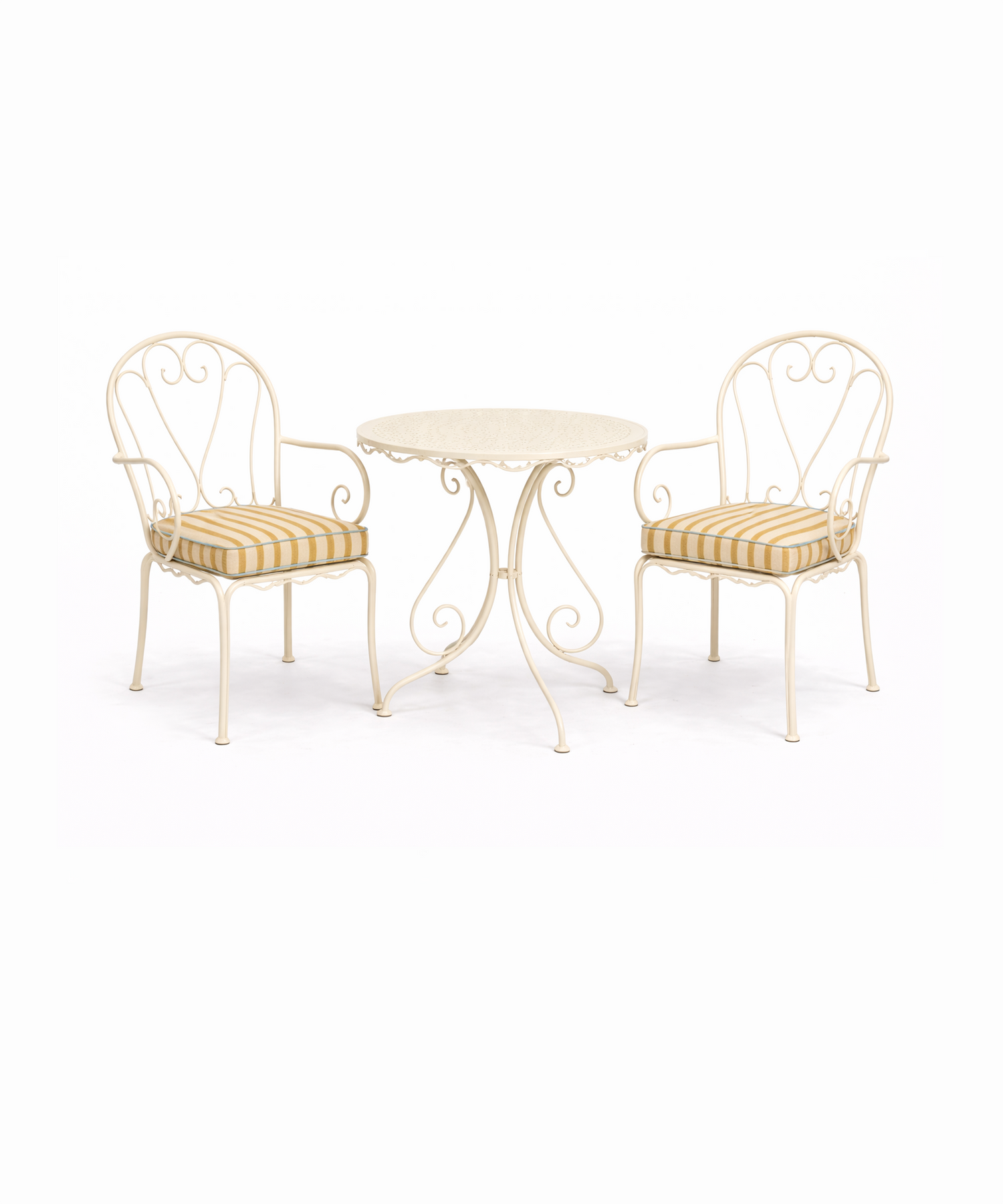 Ochre striped outdoor seat cushion on cream metal garden chair