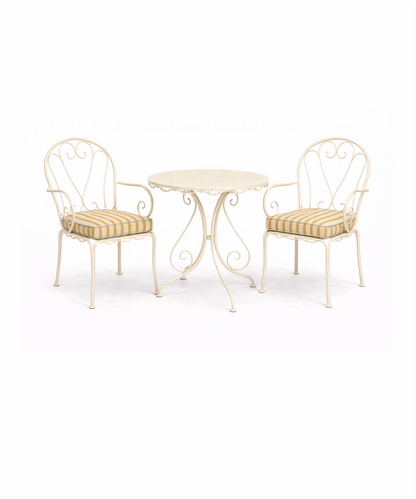 Ochre striped outdoor seat cushion on cream metal garden chair