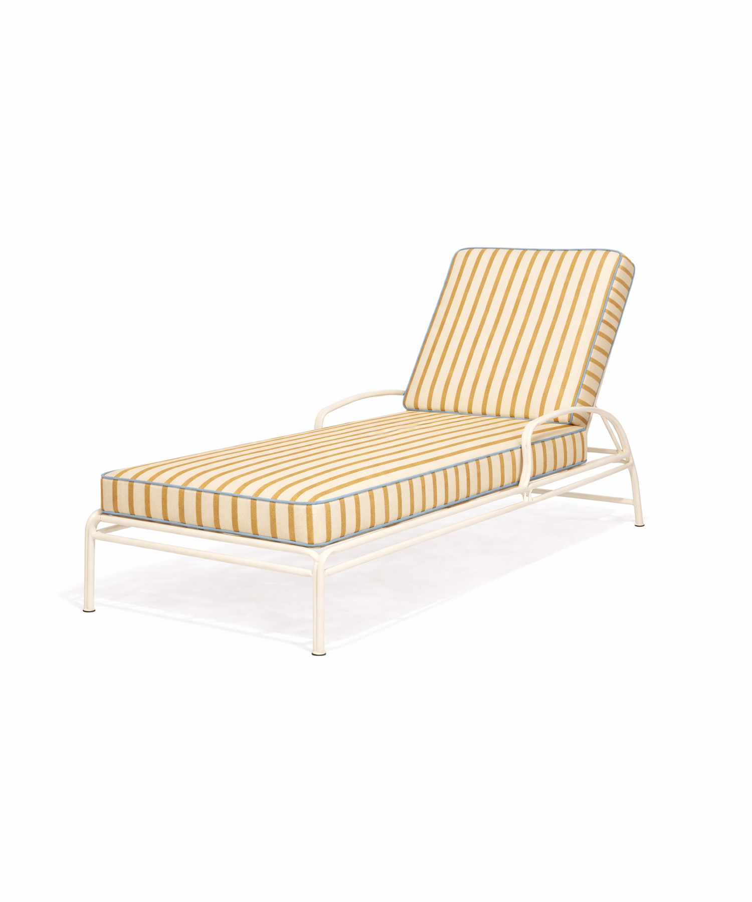 Ochre striped sun lounger cushion on cream metal frame, made to order in the UK