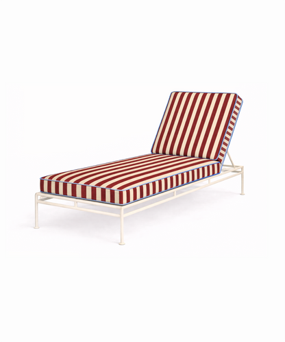 Red striped sun lounger cushion on cream metal frame, made to order in the UK