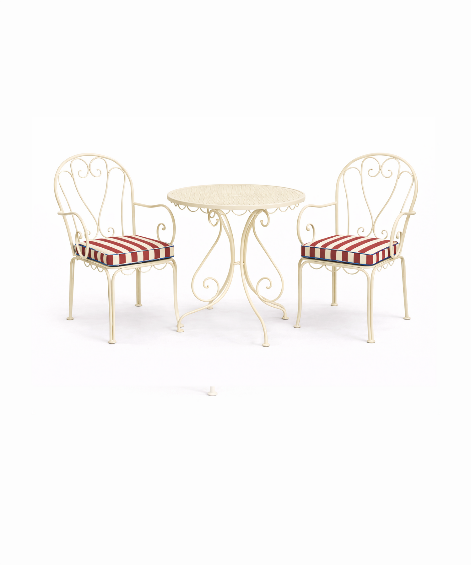 Red stripe outdoor seat cushion on cream metal garden chair