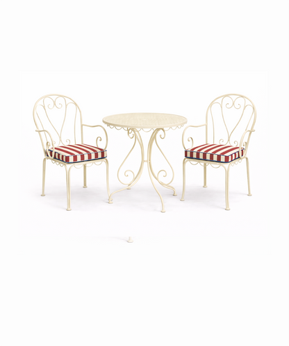 Red stripe outdoor seat cushion on cream metal garden chair